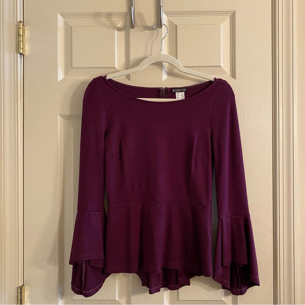 VENUS Peplum Bell Sleeve Top Plum Long Sleeve Flowy Hem Dressy Blouse